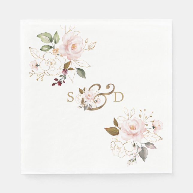 Whimsical Blush Gold Flowers Monogram Wedding Napkin (Front)
