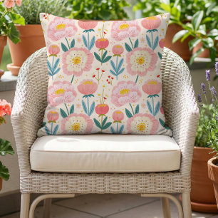 Whimsical Blush Peonies Summer Floral Pattern Outdoor Pillow
