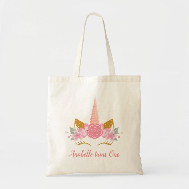 Whimsical Blush Pink Unicorn Horn Girls Birthday Tote Bag (Front)
