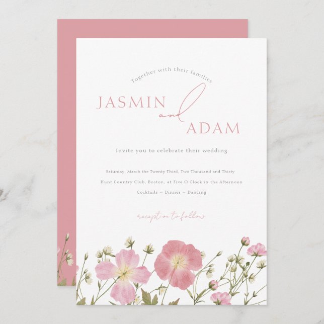 Whimsical Blush Pink Wildflowers Wedding Invitation (Front/Back)