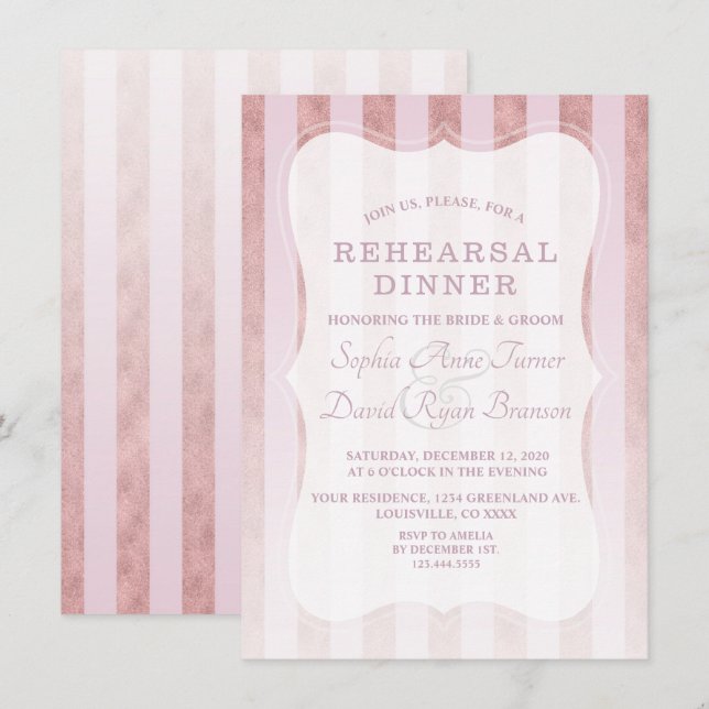Whimsical Blush Rose Gold Stripes Rehearsal Dinner Invitation (Front/Back)