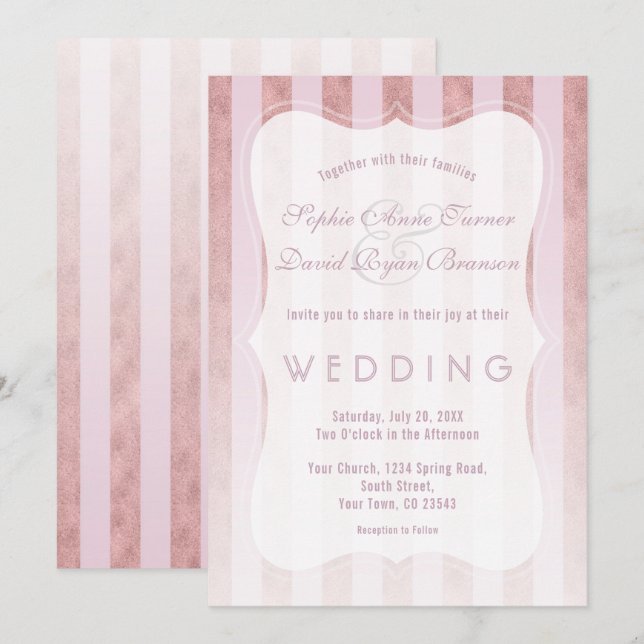 Whimsical Blush Rose Gold Stripes Wedding Invitation (Front/Back)