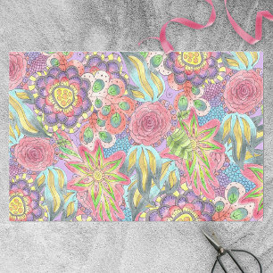 Whimsical Bohemian Colourful Flowers on Purple Tissue Paper