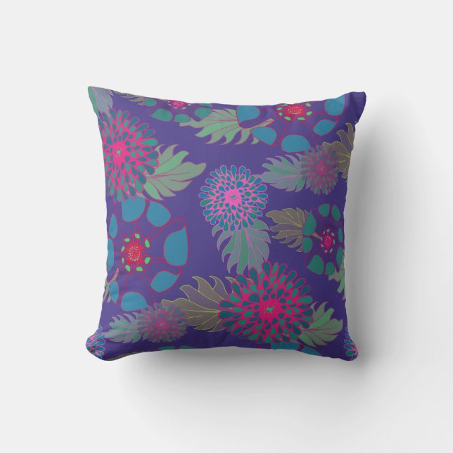 Whimsical Bohemian Floral Pattern Purple Throw Pillow (Front)