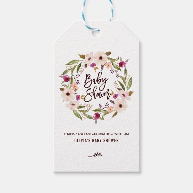 Whimsical Bohemian Floral Wreath Baby Shower Tag (Front)