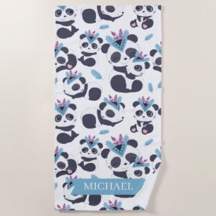 Whimsical Bohemian Panda Pattern Custom Name Beach Towel