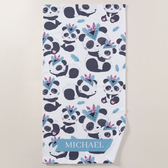 Whimsical Bohemian Panda Pattern Custom Name Beach Towel (Front)