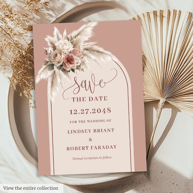 Whimsical Boho Arch Dusty Pink Floral Save Date Invitation (Whimsical Boho Arch Dusty Pink Floral Save the Date)