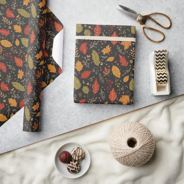 Whimsical Boho Autumn Leaves on Black Wrapping Paper (Crafts)
