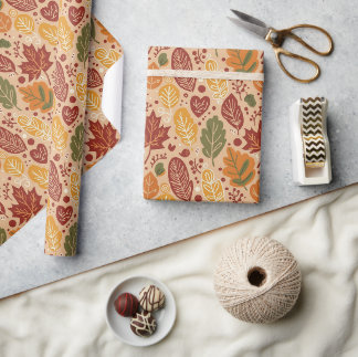 Whimsical Boho Autumn Leaves Watercolor on Brown Wrapping Paper