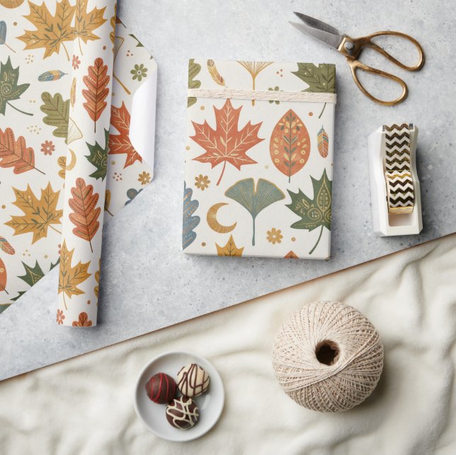Whimsical Boho Autumn Leaves Watercolor Wrapping Paper (Crafts)