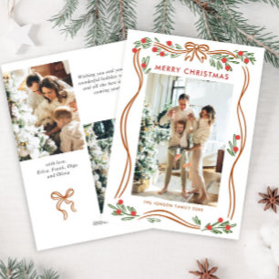 Whimsical Boho Beige Christmas Bow Ribbon 3 Photo Holiday Card