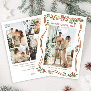 Whimsical Boho Beige Christmas Bow Ribbon 5 Photo Holiday Card