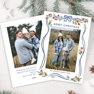 Whimsical Boho Blue Christmas Bow Ribbon 2 Photo Holiday Card