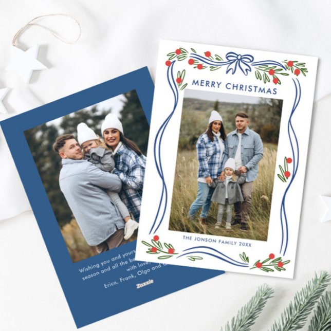 Whimsical Boho Blue Christmas Bow Ribbon 2 Photo Holiday Card (Creator Uploaded)