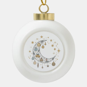 Whimsical Boho Celestial Christmas Moon & Stars Ceramic Ball Christmas Ornament