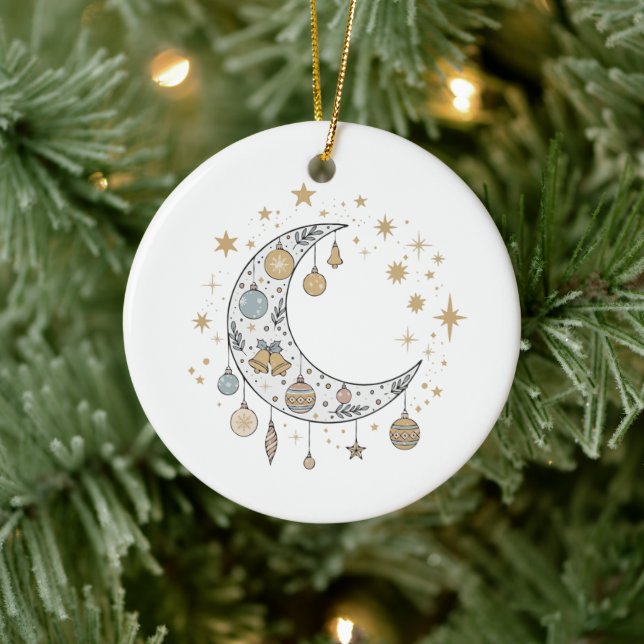 Whimsical Boho Celestial Christmas Moon & Stars  Ceramic Ornament (Tree)