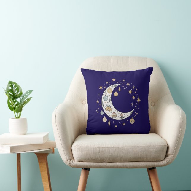 Whimsical Boho Celestial Christmas Moon & Stars  Throw Pillow (Chair)