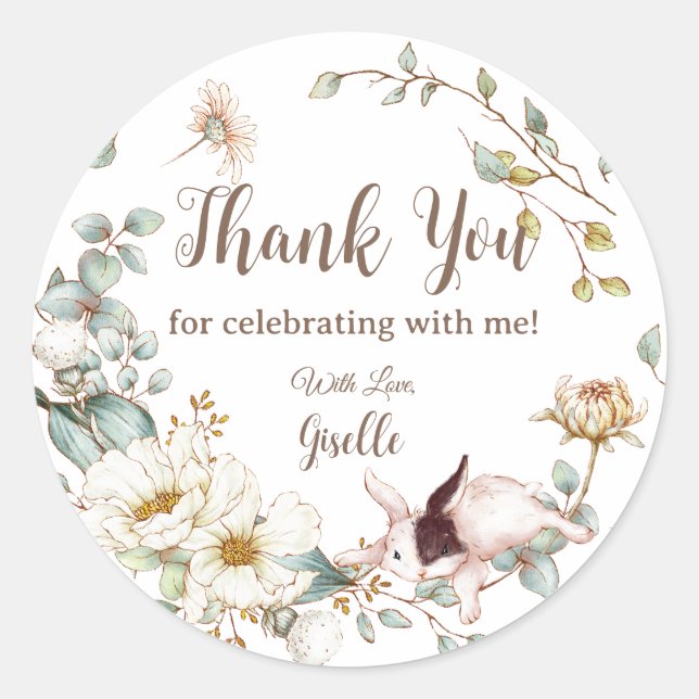 Whimsical Boho Chic Bunny Rabbit Botanical Floral  Classic Round Sticker (Front)