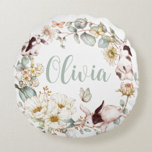 Whimsical Boho Chic Bunny Rabbit Botanical Floral Round Pillow