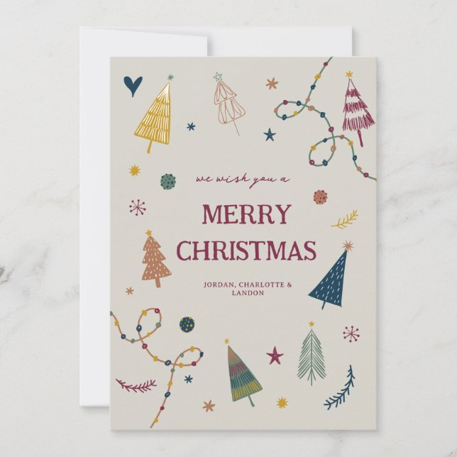 Whimsical Boho Christmas Trees Holiday Card (Front)