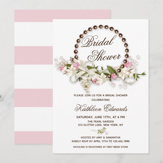 Whimsical Boho Floral Pearl Wreath Bridal Shower Invitation (Front/Back)