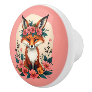 Whimsical Boho Fox with Floral Crown Woodland Art Ceramic Knob