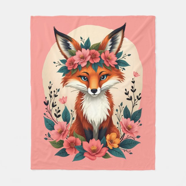 Whimsical Boho Fox with Floral Crown Woodland Fleece Blanket (Front)
