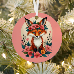 Whimsical Boho Fox with Floral Crown Woodland Metal Ornament