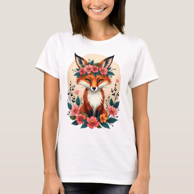 Whimsical Boho Fox with Floral Crown Woodland T-Shirt (Front)
