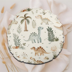 Whimsical Boho Jungle Dinosaur Pattern Round Pillow