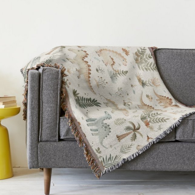 Whimsical Boho Jungle Dinosaur Pattern Throw Blanket (Creator Uploaded)