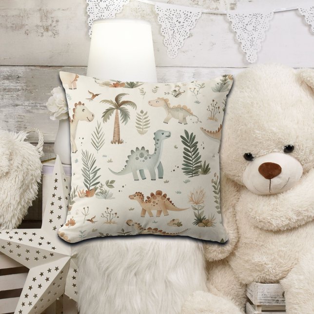Whimsical Boho Jungle Dinosaur Pattern Throw Pillow (Creator Uploaded)