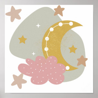 Whimsical boho moon scene, poster