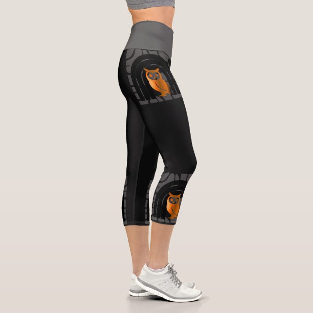 Whimsical Boho Owl & Tropical Monstera Leaf Capri Leggings (Right)