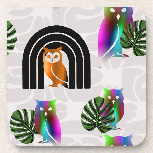 Whimsical Boho Owl & Tropical Monstera Leaf Coaster (Front)