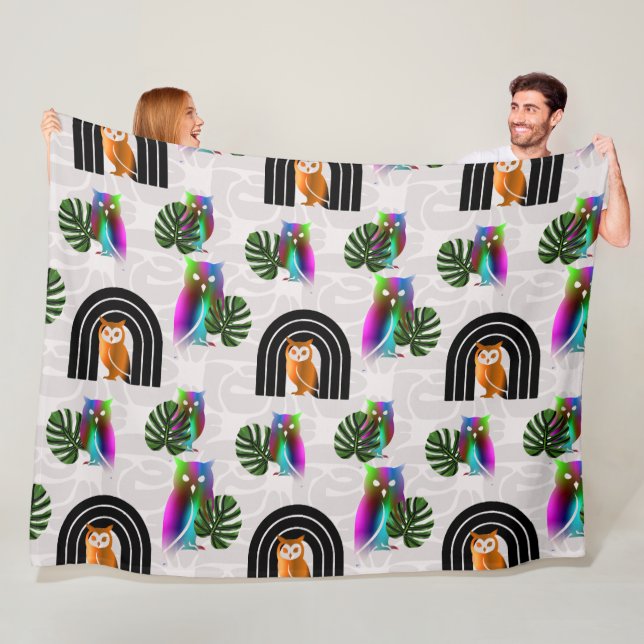 Whimsical Boho Owl & Tropical Monstera Leaf Fleece Blanket (In Situ)