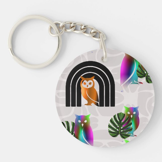 Whimsical Boho Owl & Tropical Monstera Leaf Keychain (Front)