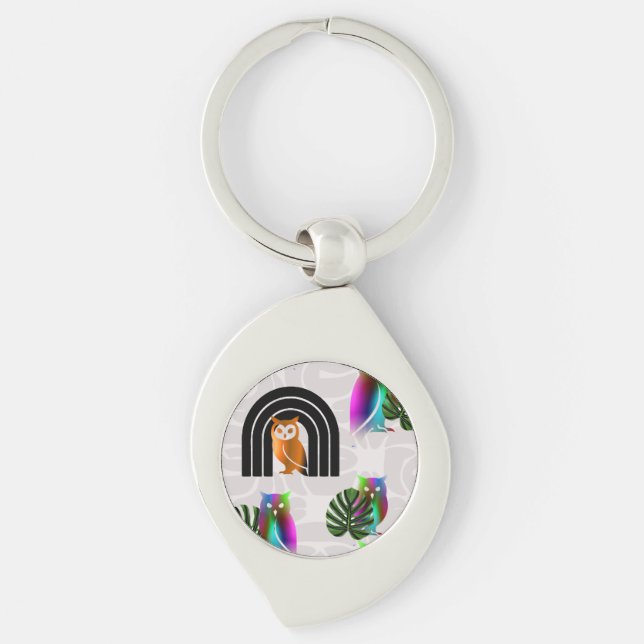 Whimsical Boho Owl & Tropical Monstera Leaf Keychain (Front)