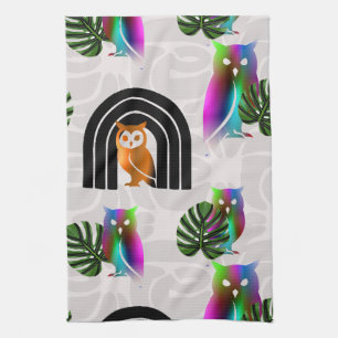 Whimsical Boho Owl & Tropical Monstera Leaf Kitchen Towel