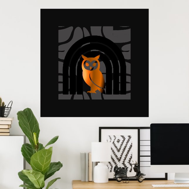 Whimsical Boho Owl & Tropical Monstera Leaf Poster (Home Office)