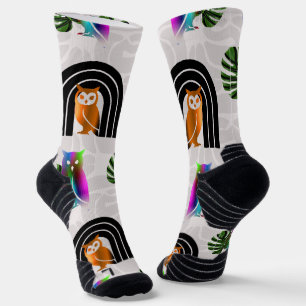Whimsical Boho Owl & Tropical Monstera Leaf Socks