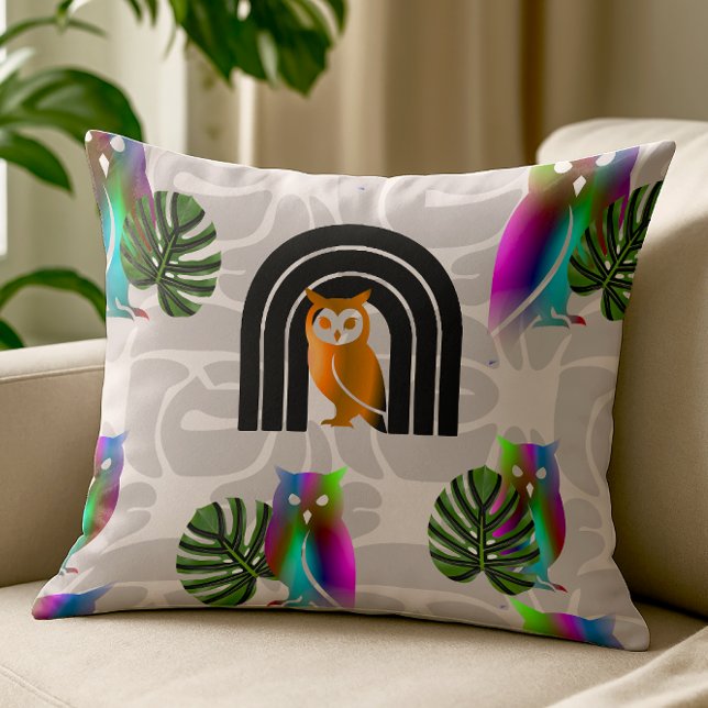 Whimsical Boho Owl & Tropical Monstera Leaf Throw Pillow (Whimsical Boho Owl & Tropical Monstera Leaf | Throw Pillow)