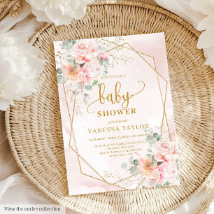 Whimsical boho pale pink gold peonies baby shower  invitation