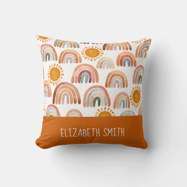 Whimsical Boho Rainbow and Sun Personalized   Throw Pillow (Front)
