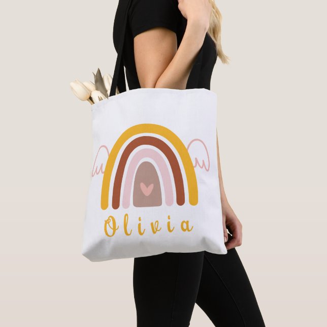 Whimsical Boho Rainbow with a Personalized Name Tote Bag (Close Up)