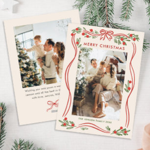Whimsical Boho Red Christmas Bow Ribbon 2 Photo Holiday Card
