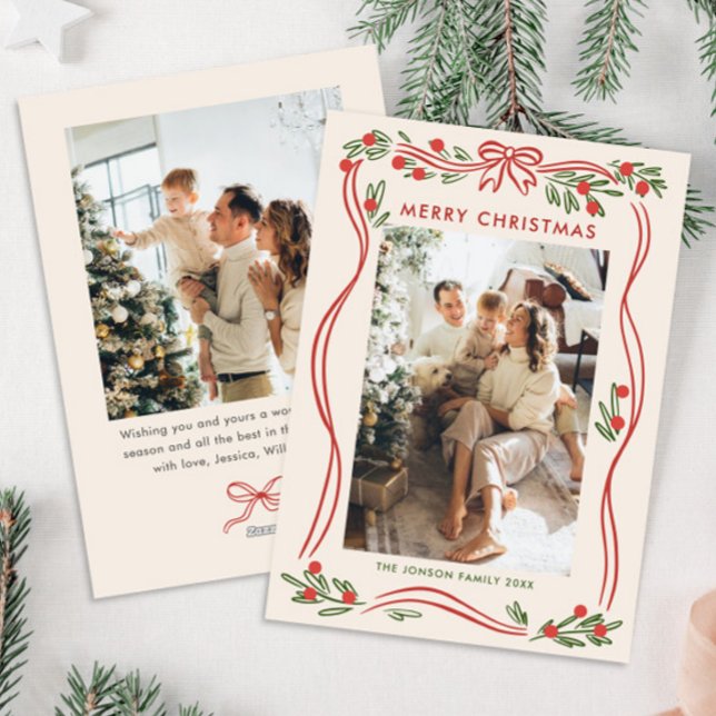 Whimsical Boho Red Christmas Bow Ribbon 2 Photo Holiday Card (Creator Uploaded)