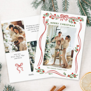 Whimsical Boho Red Christmas Bow Ribbon 3 Photo Holiday Card