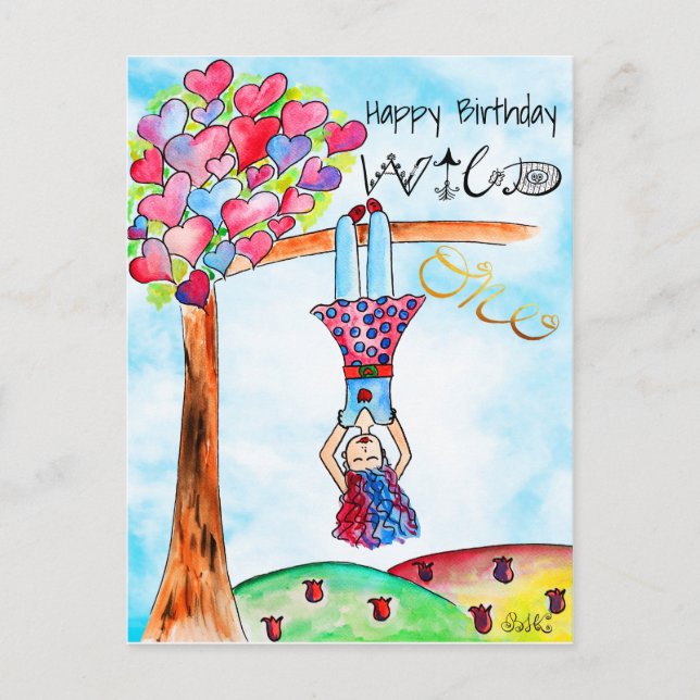 Whimsical boho WILD ONE Girl Colourful Birthday Postcard (Front)